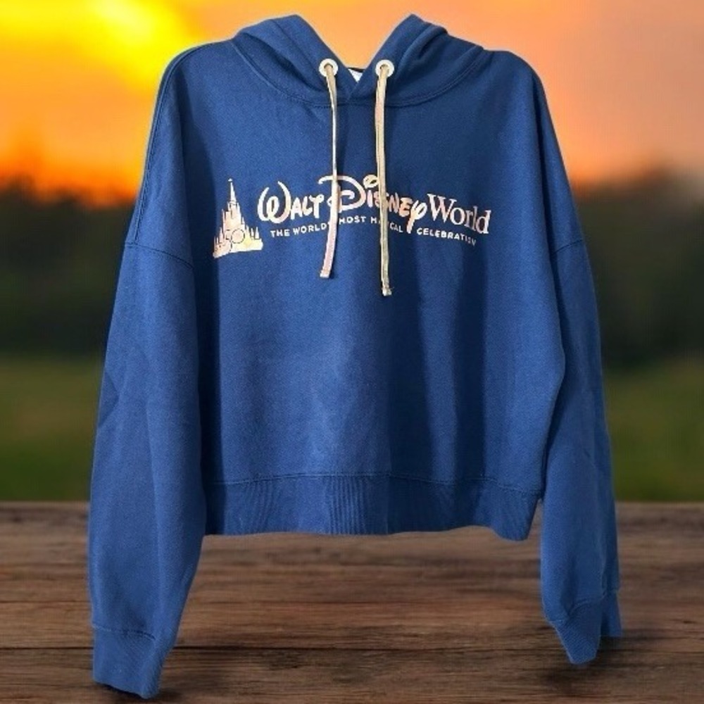 NEW Walt Disney World 50th Anniversary‎ Navy Castle Crop Top Hoodie Medium New